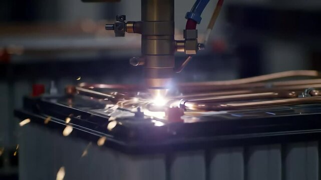 Dramatic slow-motion footage of a robotic arm equipped with a laser welding machine. The robotic arm moves across the top of a battery module, connecting the cells with copper busbars.