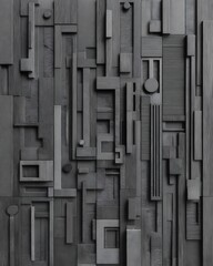 Abstract dark gray geometric wood block wall art