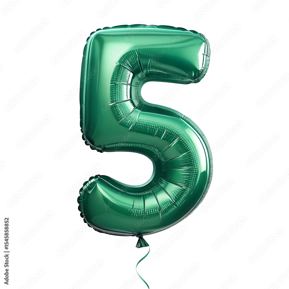 Fototapete a balloon shaped like the number 5,emerald green metallic finish with realistic reflections and smoo