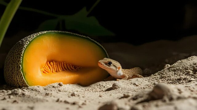 A tiny jerboa peeking at a cantaloupe slice in sandy terrain with focused lighting and minimal background