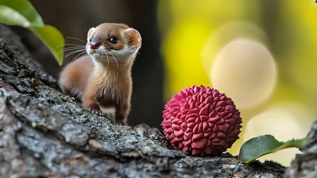 A tiny weasel near a lychee on tree bark with rich focus and ambient daylight