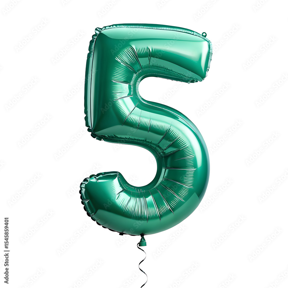 Fototapete a balloon shaped like the number 5,emerald green metallic finish with realistic reflections and smoo