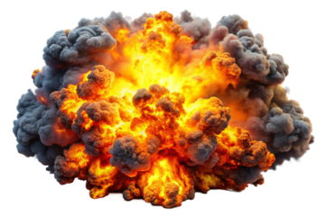 A High Resolution Realistic Depiction of a Fiery Explosion with Orange and Yellow Flames Surrounded by Gray Smoke Clouds isolated on a transparent background 1