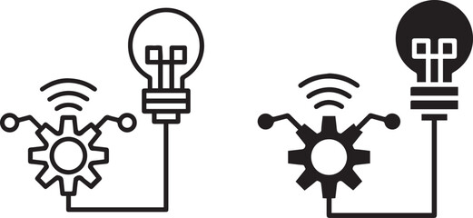 abstract symbols, minimalistic design, light bulb, gears, wireframe, interconnected, technology, innovation, conceptual, digital illustration