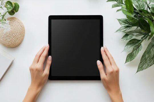 A person is holding a tablet with a black screen. The tablet is on a table with a potted plant in the background. Hands holding black tablet isolated on white background.