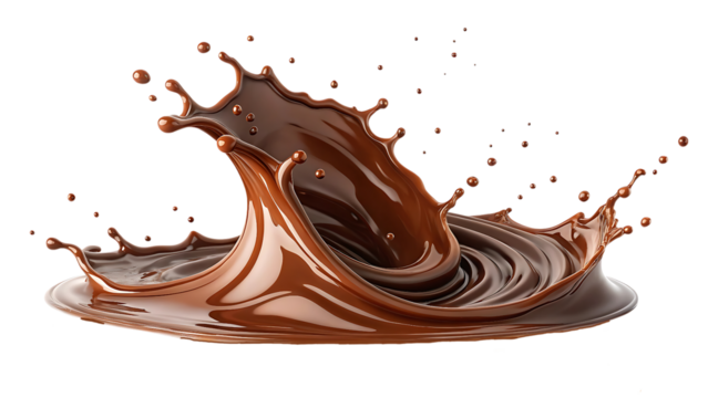 Chocolate splash swirl and droplets isolated on transparent background