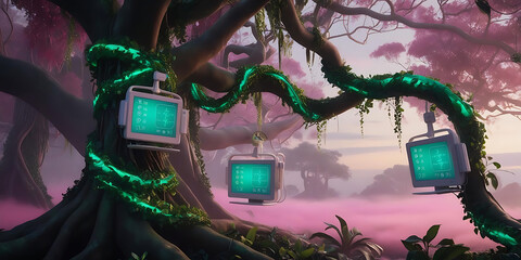 Mystical Tree with Digital Screens and Pink Fog

