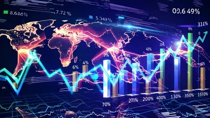 Global Market Dynamics: The image visualizes global market dynamics, with dynamic graphs, charts, and a world map overlay, representing finance and the complex world of business data. - Powered by Adobe