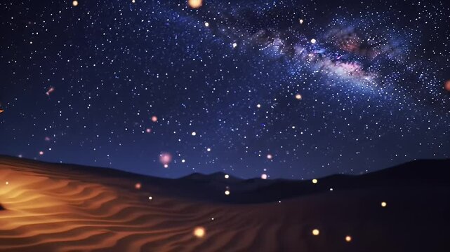 Ramadan Lantern Glows in Desert Under Starry Sky for Spiritual Reflection and Cultural Celebration in Middle Eastern Nights