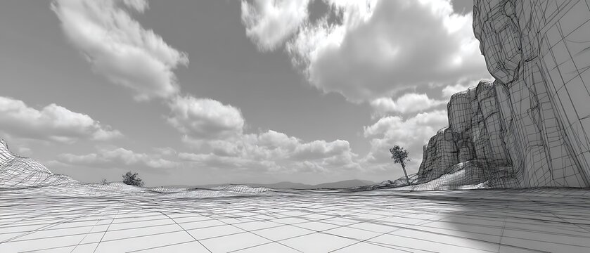 Wireframe desert landscape with palm tree and cliffs