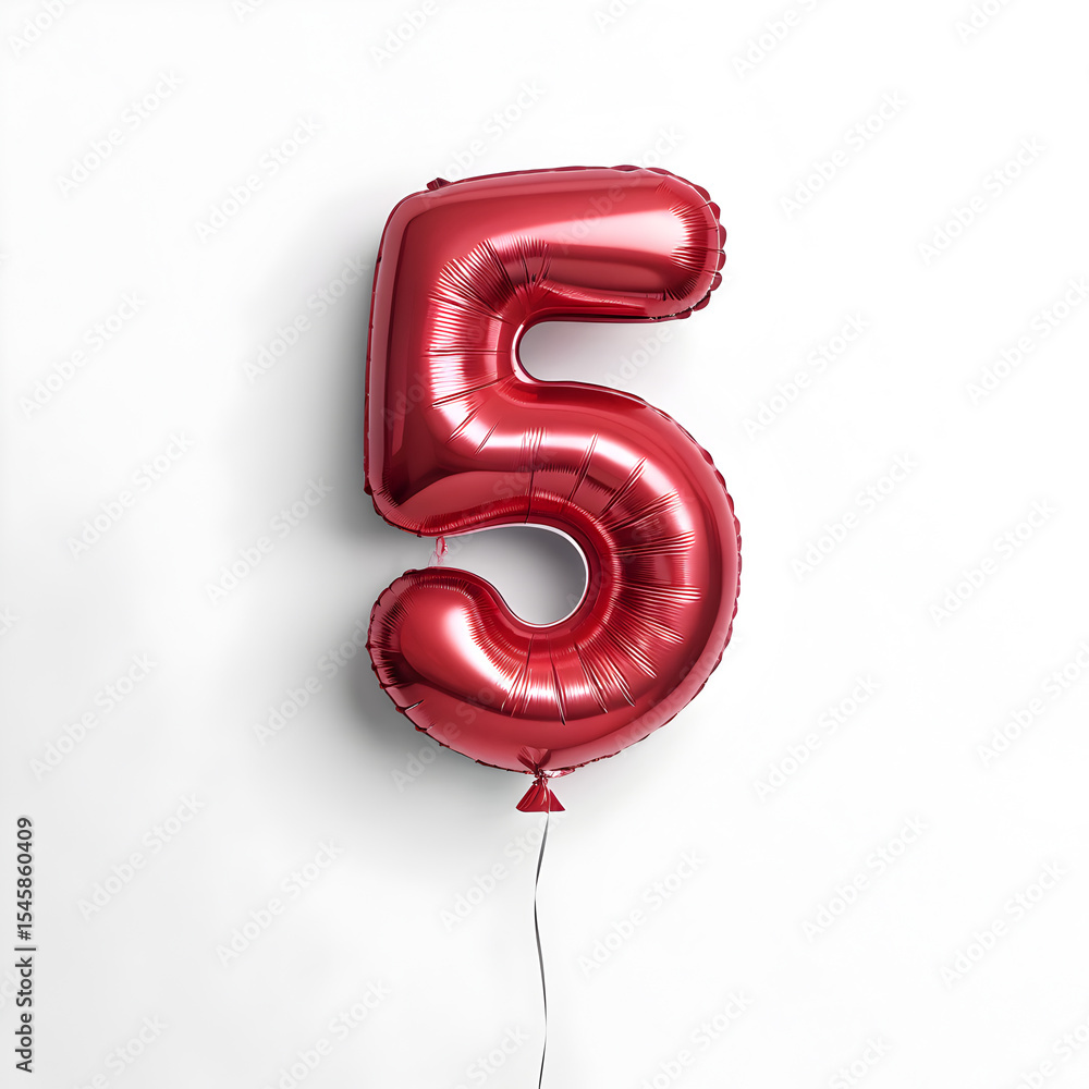 Fototapete a balloon shaped like the number 5,glossy red metallic finish with realistic reflections and smooth 