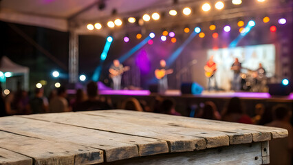 Rustic wooden table with blurred concert background