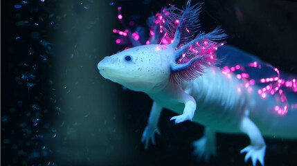 Bioluminescent axolotl with glowing limb regeneration in dark water, symbolizing nature's resilience and wonder.