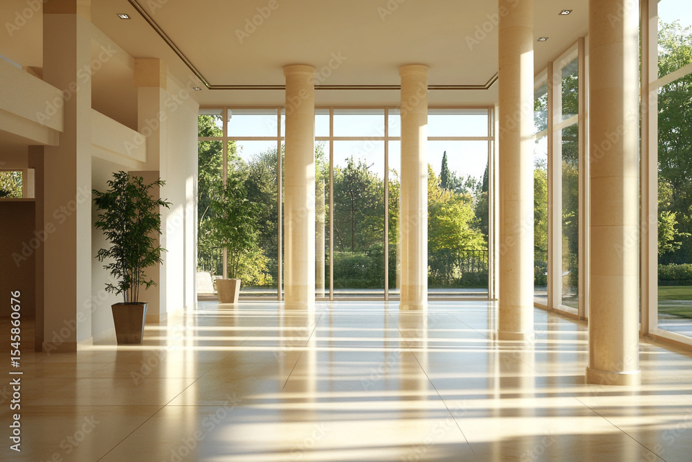 Poster sunlit modern lobby with large windows and columns plants and polished floors