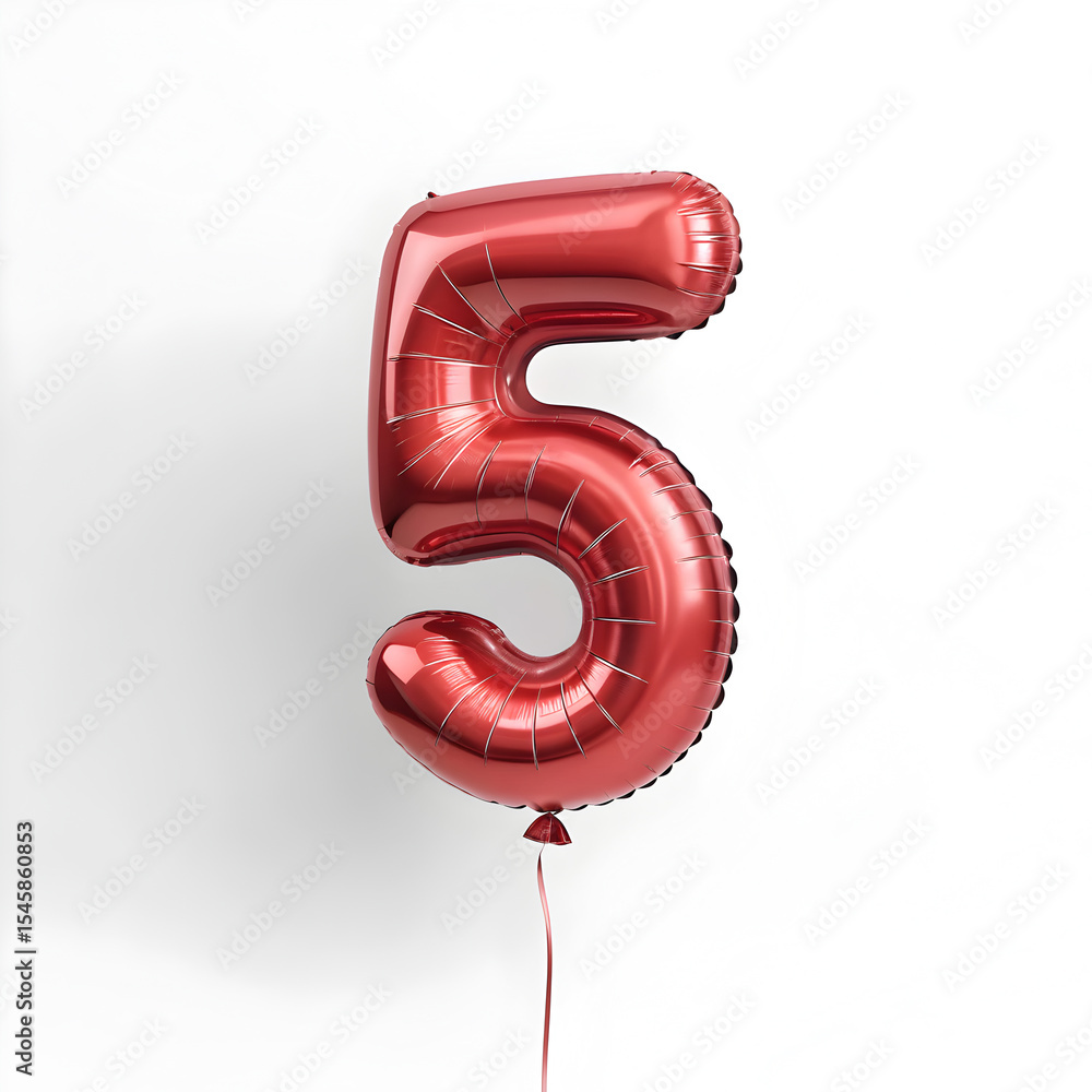 Fototapete a balloon shaped like the number 5,glossy red metallic finish with realistic reflections and smooth 