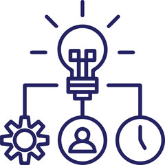 creative process,human,light bulb,gear,minimalist illustration vector graphic, geometric light bulb icon, circular workflow diagram
