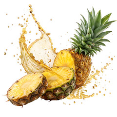 Fresh pineapple slices with juice splash isolated on transparent background