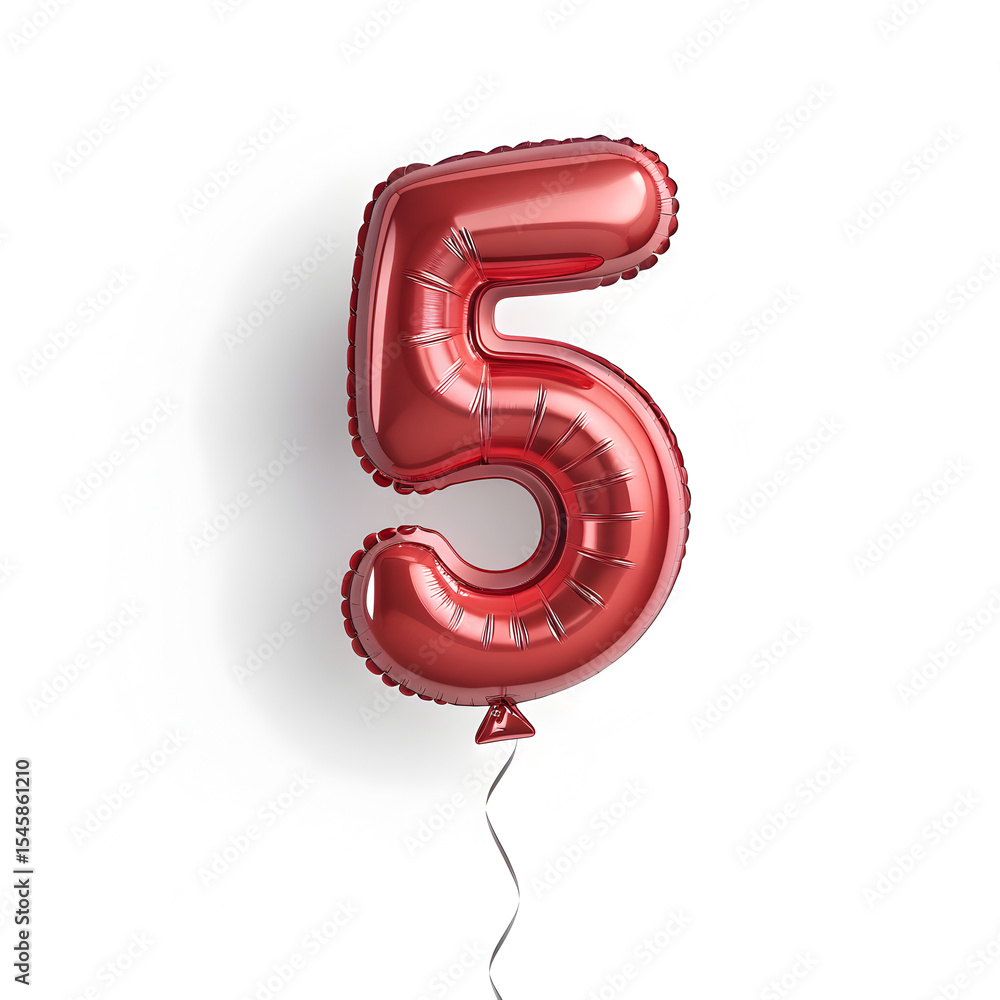 Fototapete a balloon shaped like the number 5,glossy red metallic finish with realistic reflections and smooth 