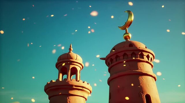 Serene Mosque Scene with Golden Crescent Moon 3D Render at Daytime in Middle East