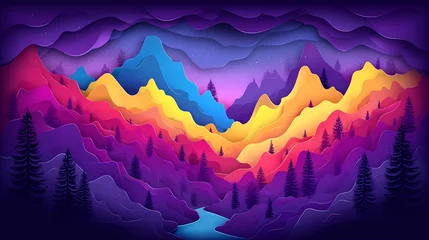 Fototapete Rund Vibrant paper cut mountain landscape artistic illustration © PNG House