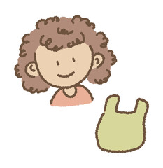 손으로 그린 파마 머리의 주부와 장바구니