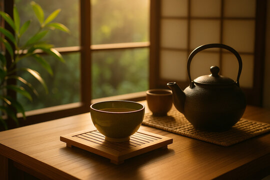 Traditional Japanese Teapot and Teacup in Morning Sunlight - Powered by Adobe