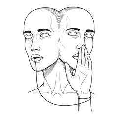Two Faces Whispering Secret Line Art Black White Drawing