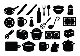 Kitchen Utensils & Appliances Silhouette Icon Set