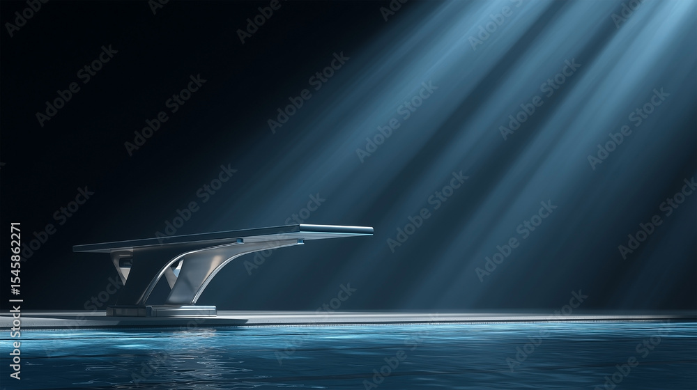 Poster a pool with a diving board and a light shining on it