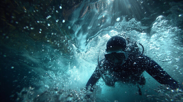 A man is swimming underwater wearing a black wetsuit - Powered by Adobe