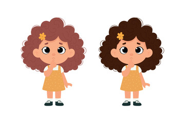 Little girl with curly hair standing thoughtful two different hair colors illustration