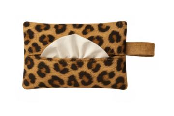 Leopard print tissue holder with tissues coming out on transparent background