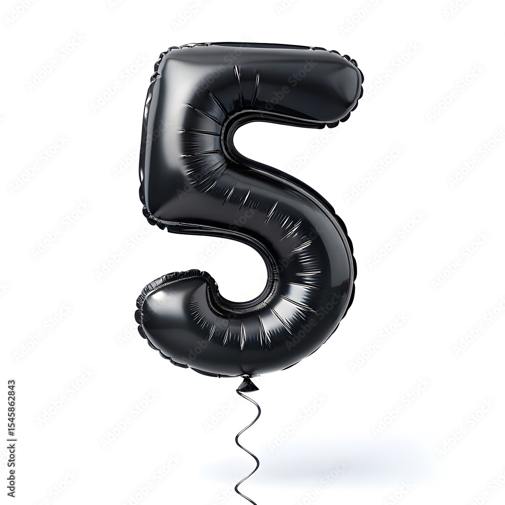 Fototapete a balloon shaped like the number 5,matte black metallic finish with realistic reflections and smooth