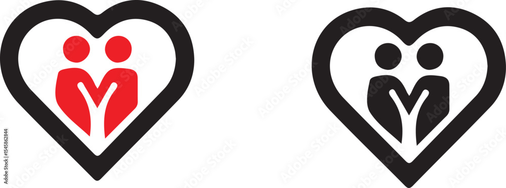 Poster two heart shaped logos with figures inside one red and one black on a white background simple design