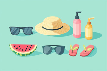 Flat vector icon set of summer essentials: straw hat, sunglasses, sunscreen, flip-flops, watermelon. Minimal cartoon theme with pastel palette. Perfect for vacation branding and seasonal designs