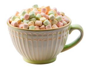 Cream Colored Ceramic Two Handled Mug Filled with Pastel Mini Marshmallows isolated on a transparent background