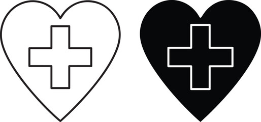 line art, black and white, medical cross symbol, heart shape, simple geometric shapes, minimalist, clean, flat design