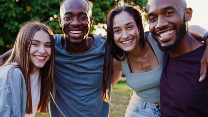 Harmony Among Friends: A diverse group of friends, radiating positivity with infectious smiles and an embrace of camaraderie, captures the essence of genuine connection and joy. 