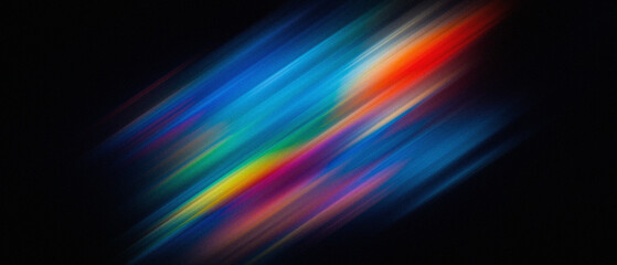 Abstract Diagonal spectrum of rainbow neon light colors streaks, grainy noise motion blur on black background. speed tech, music, energetic modern, website header banner poster design. UI UX