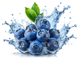 Fresh Blueberries Splashing in Water Vivid Blue Berries with Green Leaves Isolated on a Transparent Background