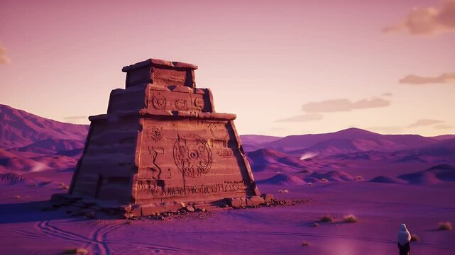 Tall Ancient Stone Monument with Intricate Carvings in Desert Landscape Under Pink Sky