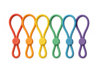 Six colorful cable fasteners forming loops on transparent background