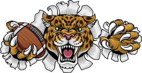 A jaguar, panther, leopard or cheetah wildcat spotted cat American football sports team mascot holding a ball © Christos Georghiou