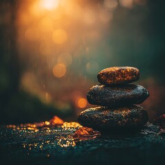 Serene stacked stones rain golden hour nature