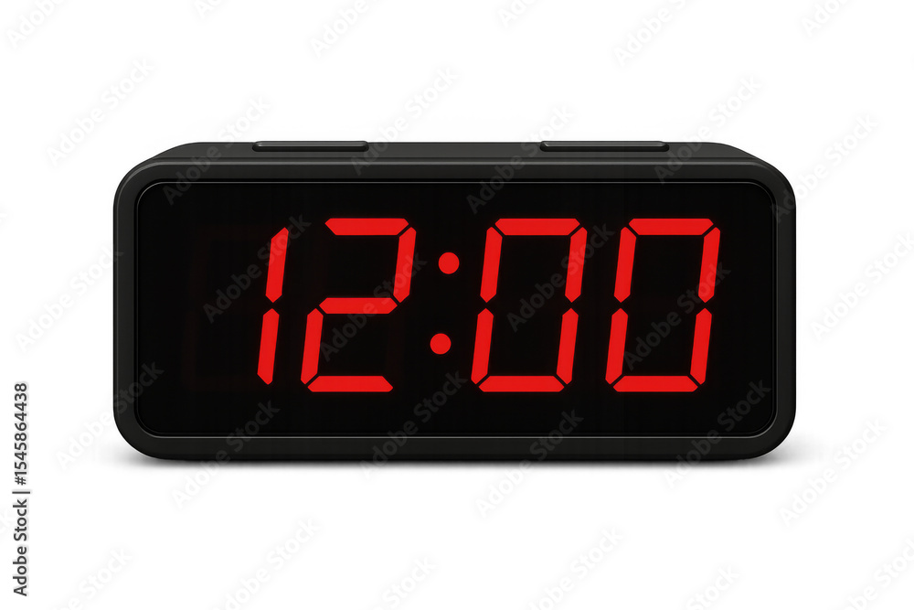Poster black digital alarm clock showing 12:00 on transparent background