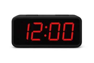 Black digital alarm clock showing 12:00 on transparent background