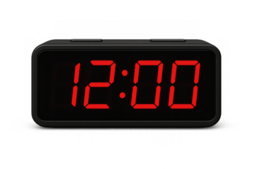 Black digital alarm clock showing 12:00 on transparent background