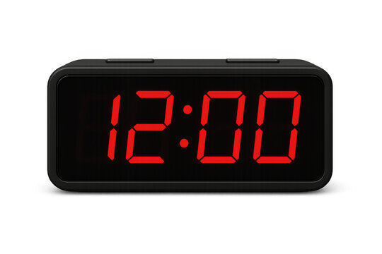 Black digital alarm clock showing 12:00 on transparent background