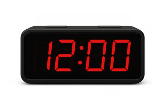 Black digital alarm clock showing 12:00 on transparent background - Powered by Adobe