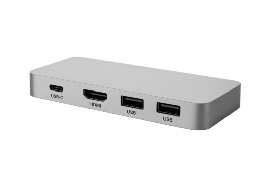 Modern usb hub with hdmi, usb-c and usb ports on transparent background